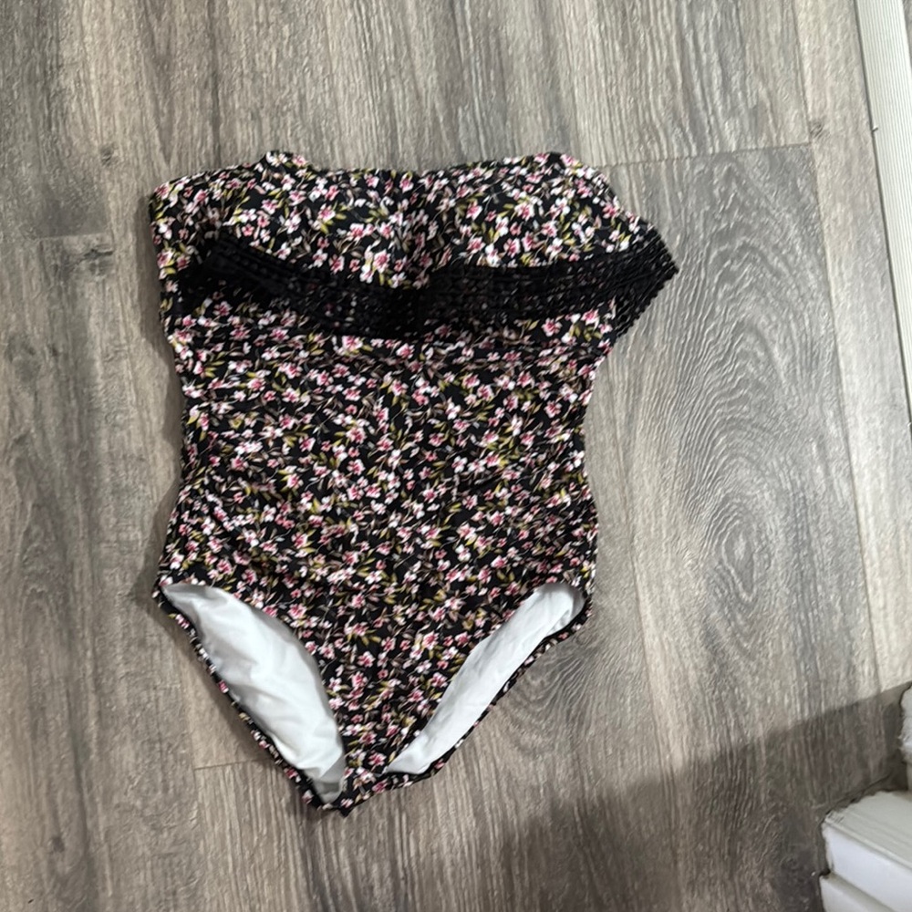 Floral One-Piece Swimsuit with Black Lace